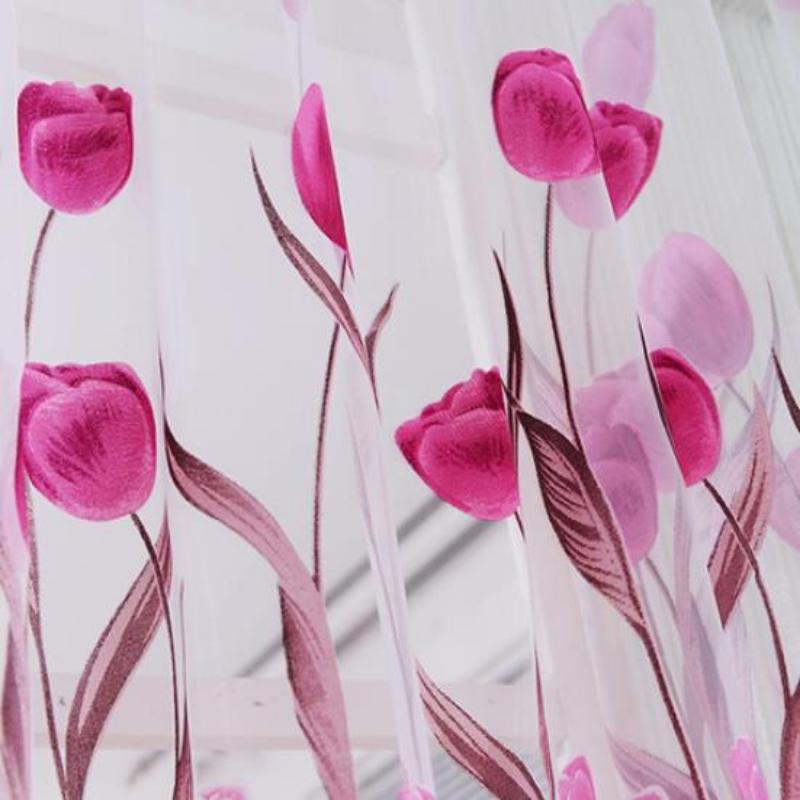 Romantische Tulpen bedruckte Tüllvorhänge Vorhang Raumteiler Tür Fenstervorhänge Wohnzimmer Fensterdekorationen