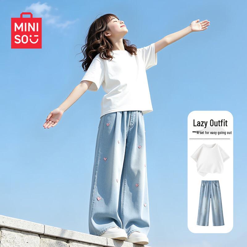 MINISO Girls' Summer Short-Sleeve Top & Denim Shorts Set