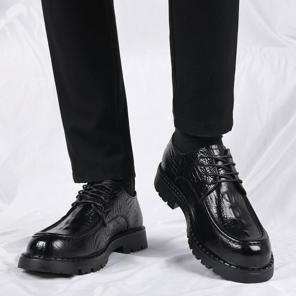 Black Leather Shoes Men's Business Dress Autumn and Winter Young People British Casual Soft Sole Heightening Wedding Shoes Men's