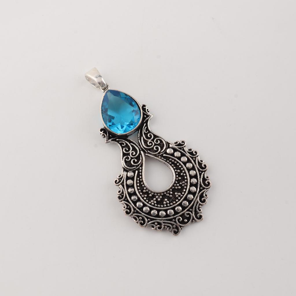 Swiss Blue Topaz Gemstone 925 Sterling Silver Jewelry Long Oxidize Pendant 1.8" For Thanksgiving Gift CP-45-8