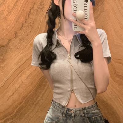 Girls Polo T-shirts Zipper Tops Short Sleeve Women Fashion Tees Solid Simple Tshirts