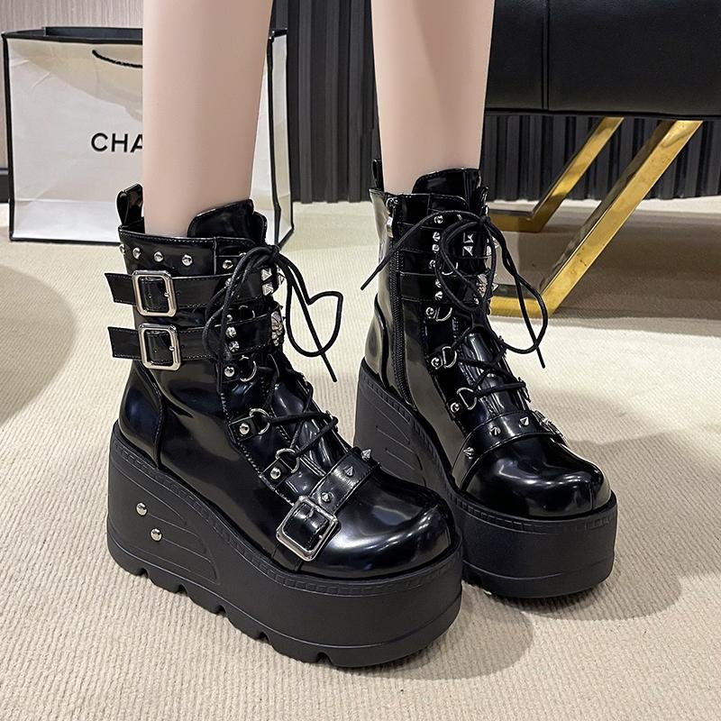 Fashion Platform Boots Goth for Women Lace up Wedge Heel Buckle Ankle Booties Studded Short Motorcycle Boots with Zipper White