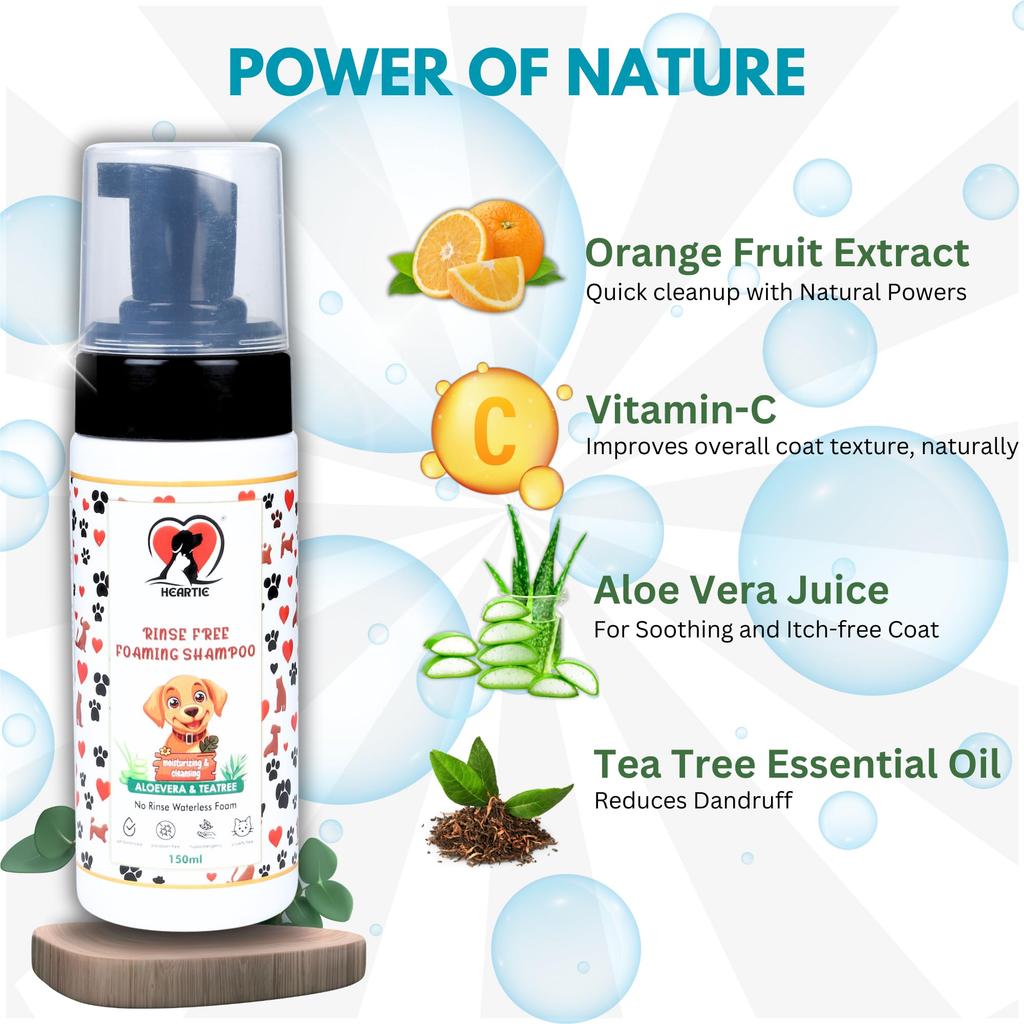 HEARTIE Rinse-Free Foaming Dry Shampoo for Dogs and Cats | 150ml Waterless Pets Bath with Aloe, Orange, Tea Tree & Vitamin C | Dog and Cat Groomi