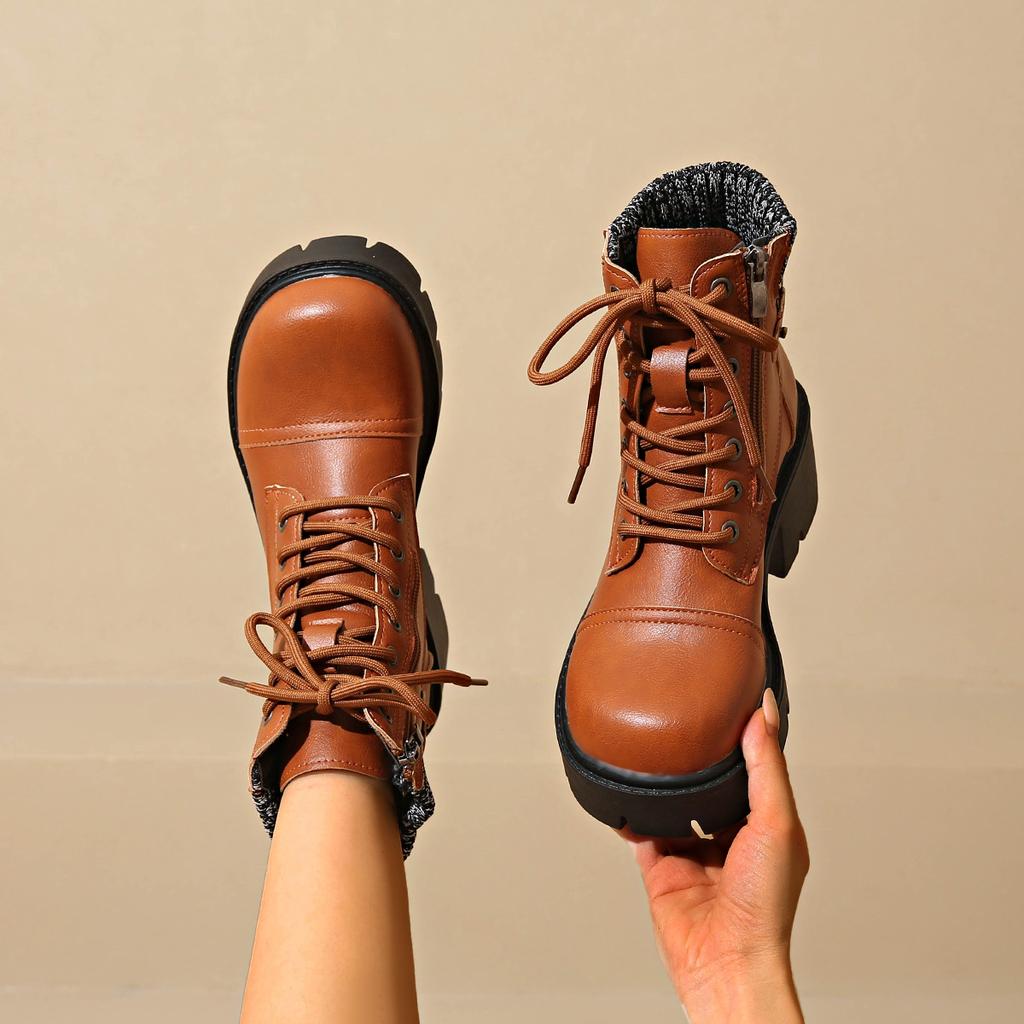 Autumn and Winter Korean Versatile Large Short Women's Round Head Thick Heel Zipper Lace Lace Women's Boots