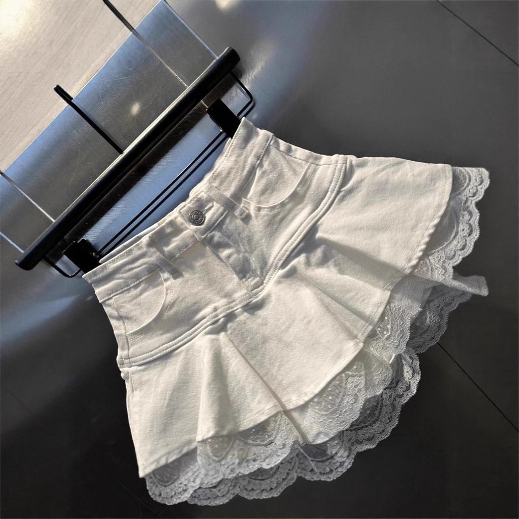 Women's High Waist Denim Mini Skirt A Line Fit Lace Ruffle Layered Cake Skirt Summer Sweet Flared Jean Skirt