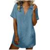 Women V Neck Short Sleeve Collared Shirt Mini Dress Linen Cotton Casual Beach Holiday Loose Fit Tunic Dress for Summer