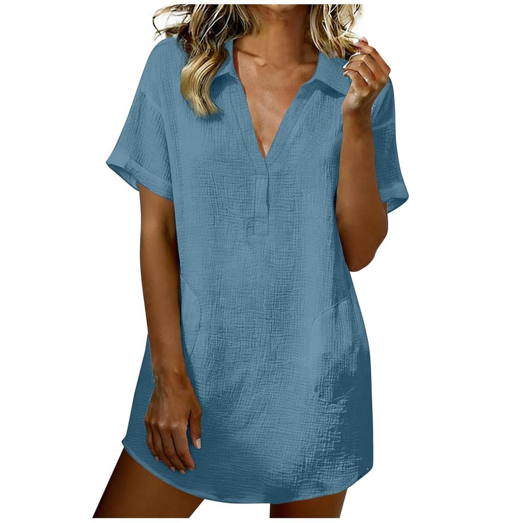 Women V Neck Short Sleeve Collared Shirt Mini Dress Linen Cotton Casual Beach Holiday Loose Fit Tunic Dress for Summer