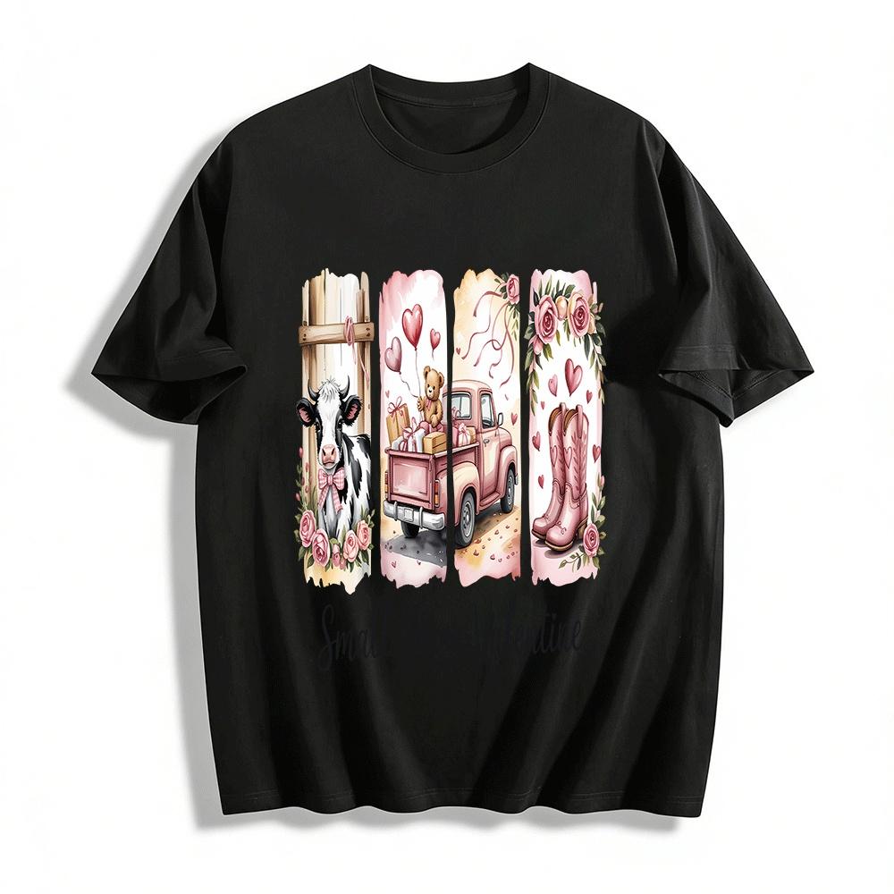 Small Town Valentine Print Top Cow Truck Cowgirl Boots Graphic Tee Pure cotton T-shirt XXS