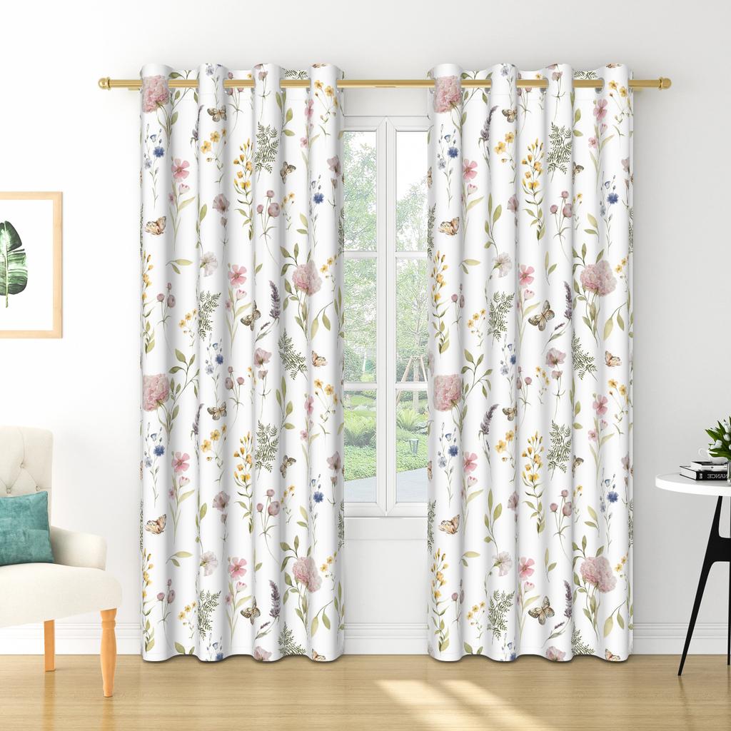 Set Of 2 Floral Pattern Curtains Botanical Design Bedroom Living Room Window Decor Home Drapes Darkening Made Polyester Treatment