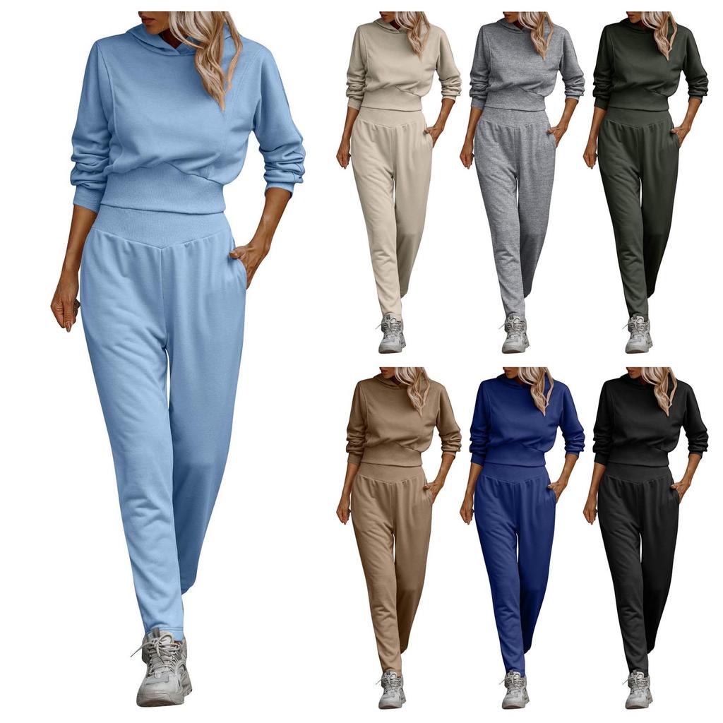 Ladies Fashionable Casual Solid Color Hooded Long Sleeve Pants Set