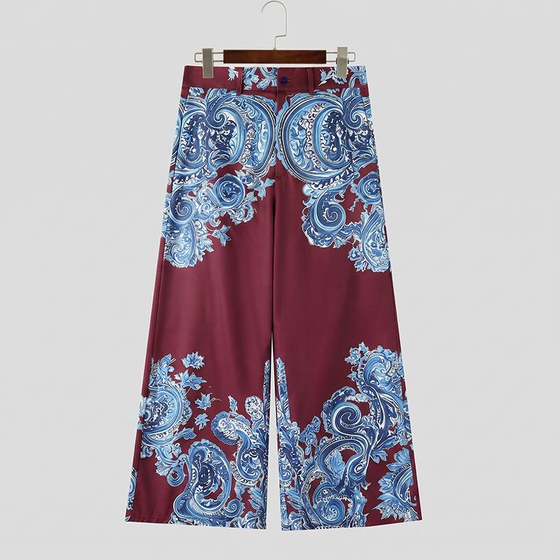 INCERUN Mens Vintage Paisley Print Wide Leg Trousers Casual Loose Straight Pants Bohemian Streetwear High Waist Bottoms