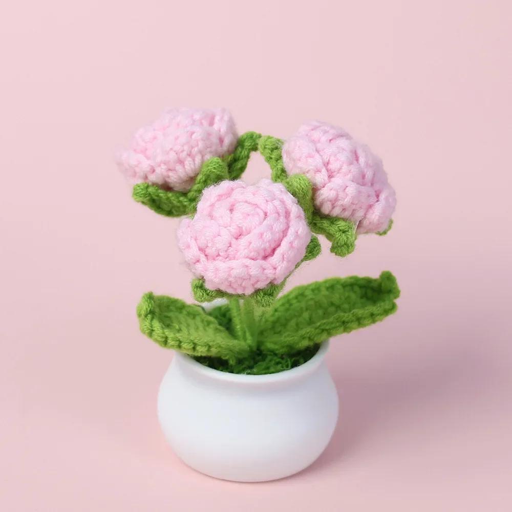 Knitted Rose Flower Potted Creative Crochet Flower Artificial Plant Graduation Gift Wedding Home Decor