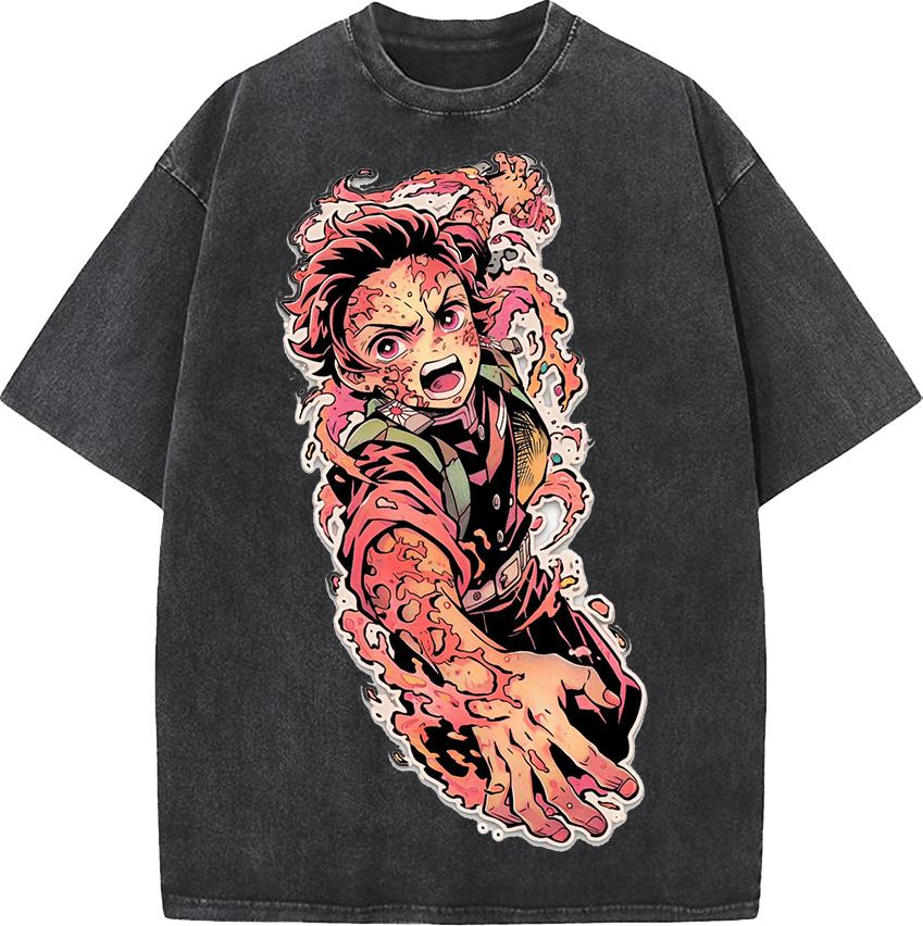 Japan Anime Demon Slayer Kamado Tanjirou Printed Tshirt Men Casual Cotton T-shirts Vintage Washed Tee Harajuku Male T Shirt