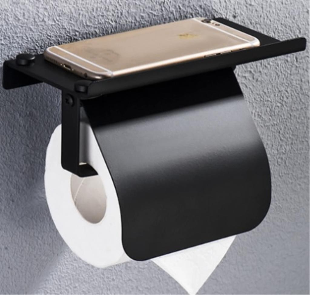 King's Arm Toilet Paper Holder with Shelf, Black (Single)