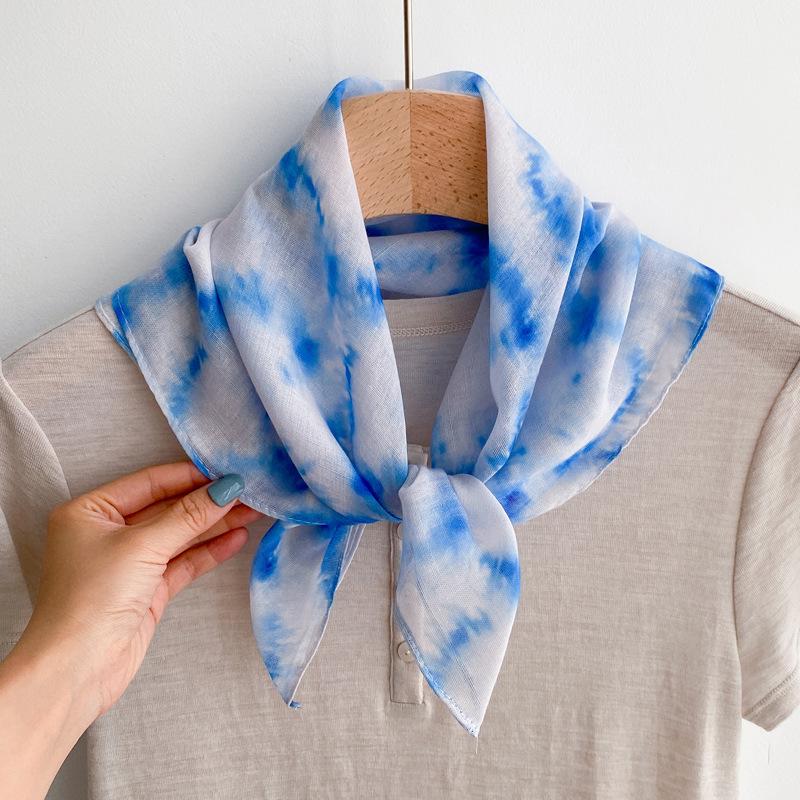 Flax small square scarf silk scarf women's headscarf neck protection scarf imitation blue dye handmade tie-dye scarf Yunnan yarn scarf thin scarf