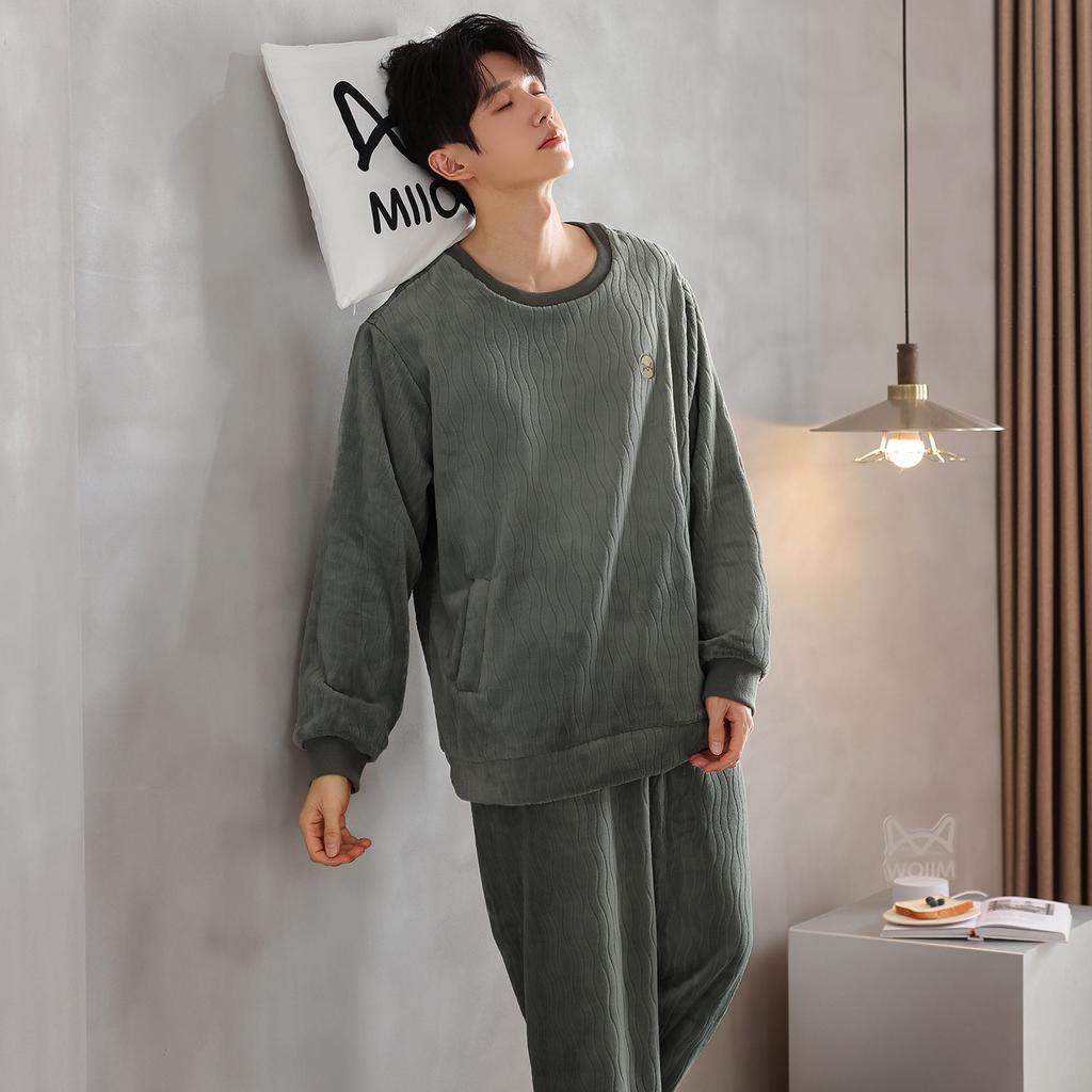 Men'S Pajamas Men'S Winter Flannel Thickened Fleece Autumn And Winter Coral Fleece Loungewear