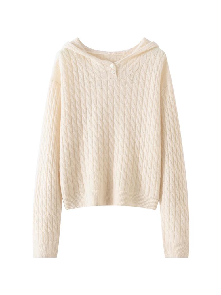 New Style Simple Temperament Women's Cashmere Hoodie Sweater with Full Body Cable Knit Base Layer