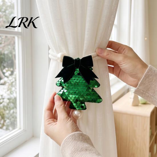 Festive Christmas Tree Ornaments Sequined Curtain Tieback, Sparkling Holder with Bedroom Window Treatment Hardware Bow, Decorative Drapery Holdback