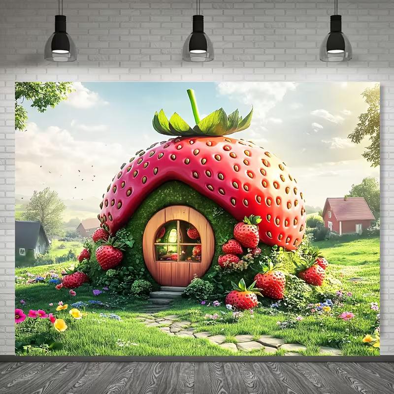 2D Enchanted Strawberry House Backdrop Spring Garden Party Background