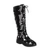Fashion Women's New Round Head Lace up Sequin Thick Bottom Large and Calf High Barrel Mar Mid heeltin Boots