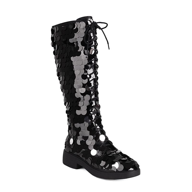 Fashion Women's New Round Head Lace up Sequin Thick Bottom Large and Calf High Barrel Mar Mid heeltin Boots