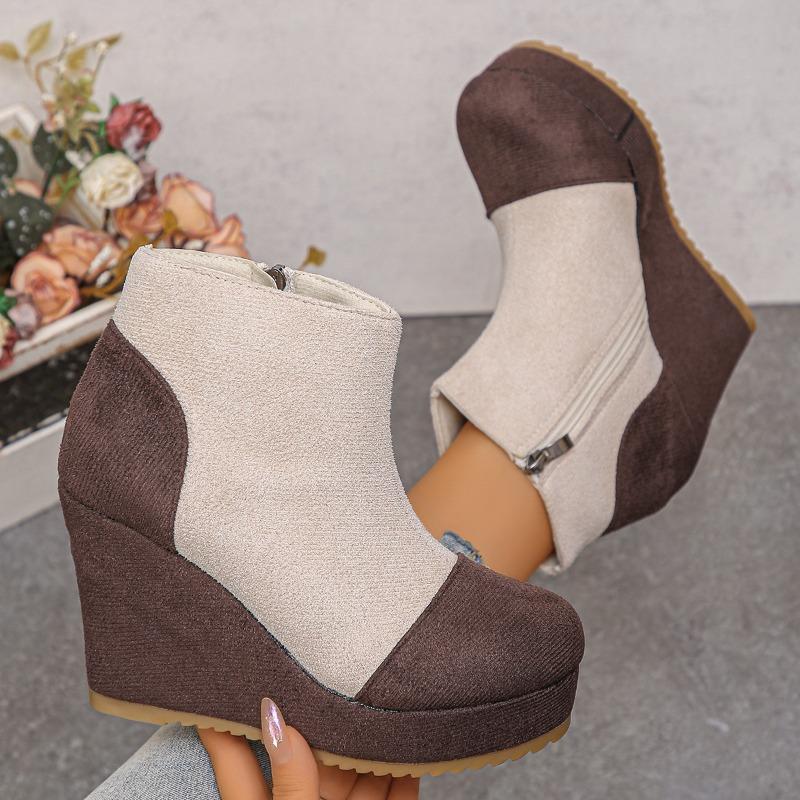 Plus‑Size Round Toe Thick Platform Wedge High Heel Women Ankle Boots