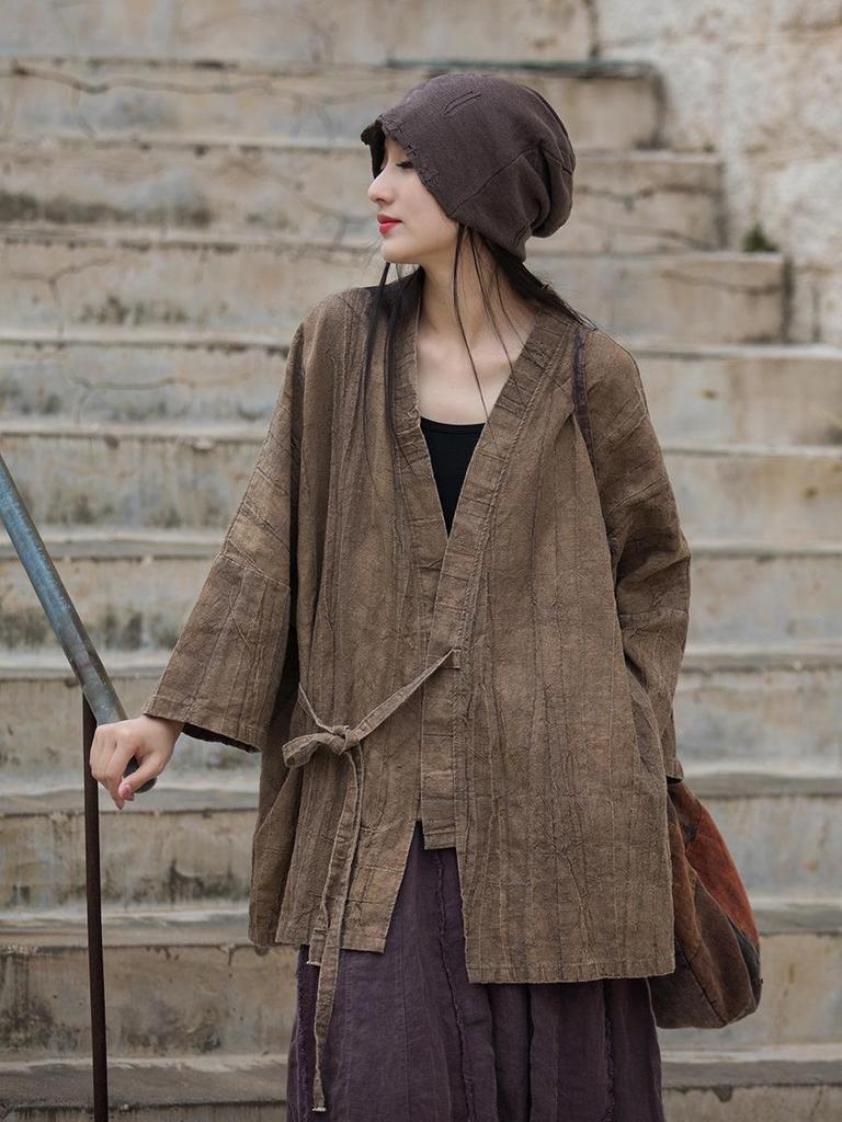 Women's Zen-Style Tie-Dye Pleated Cotton Linen Jacket with Lace-Up Oblique Lapel