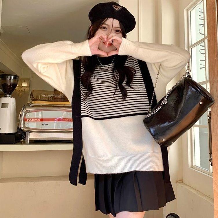 Striped Sweater for Women Autumn Winter Design Sense Niche Soft Texture Outer Wear Loose Crew Neck Knit Top
