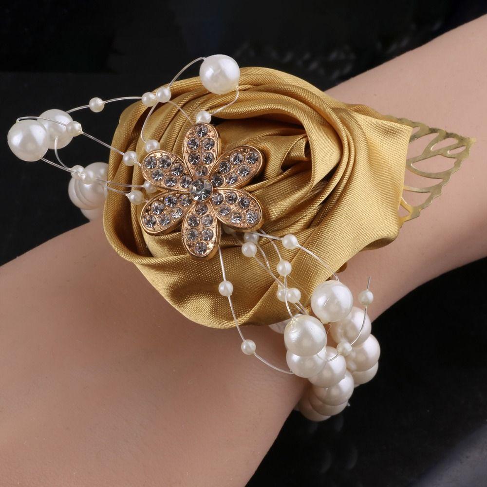 Banquet Artificial Rose Bridesmaid Wrist Flowers Ribbon Exquisite Wrist Corsage Pearl Wedding Flower Bracelet Girls