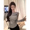 2025 Korean Style Off-the-Shoulder Pleated Long Sleeve T-shirt: Women's Autumn/Winter Slimming Fashion Top