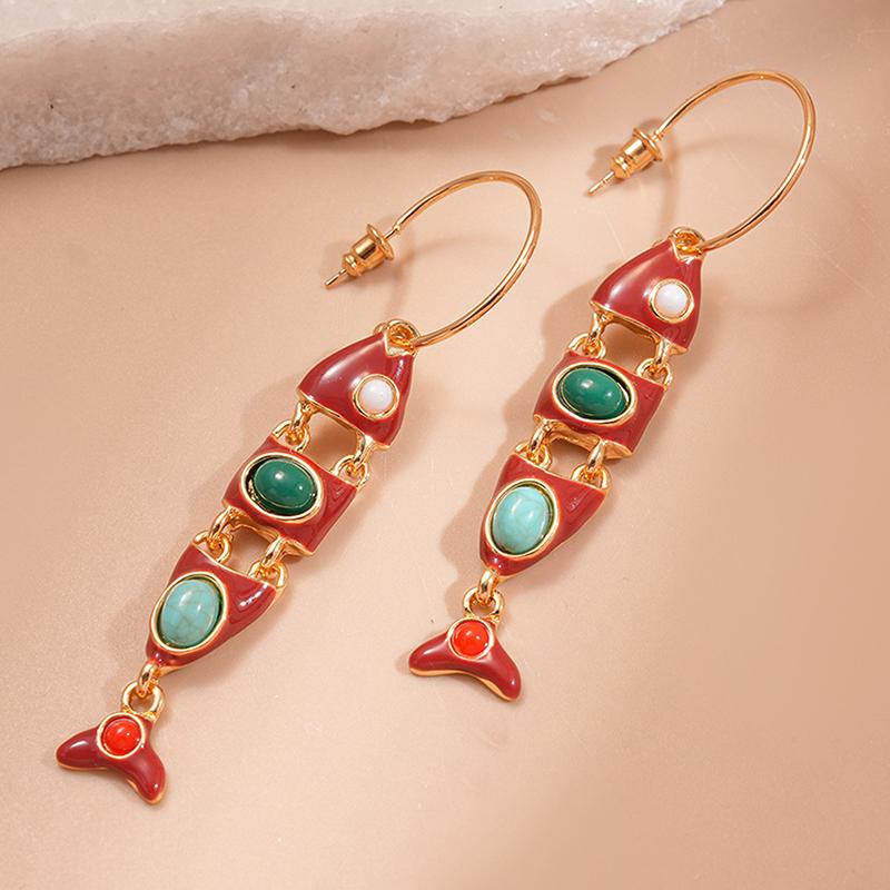 

Ethnic Red Enamel Fish Tassel C Shaped Long Hoop Earrings For Women Alloy Casual Party Jewelry Gift one size