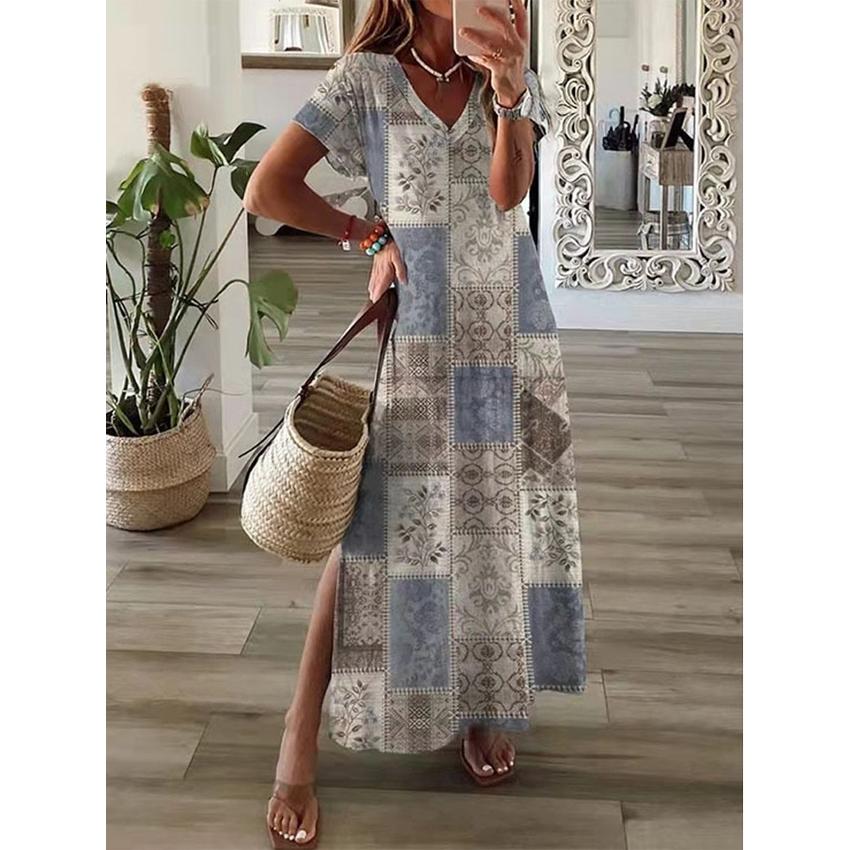 Fashion V Neck Split Loose Beach Dress Retro Pattern Print Women Long Dress Summer Elegant Short Sleeve Maxi Dress