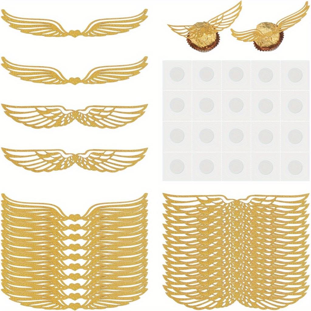 50pcs Golden Glitter Wings Chocolate Toppers with Packaging Snitch Wing Designs for Wizard Party Decorations Perfect for Cake Topper Decorations