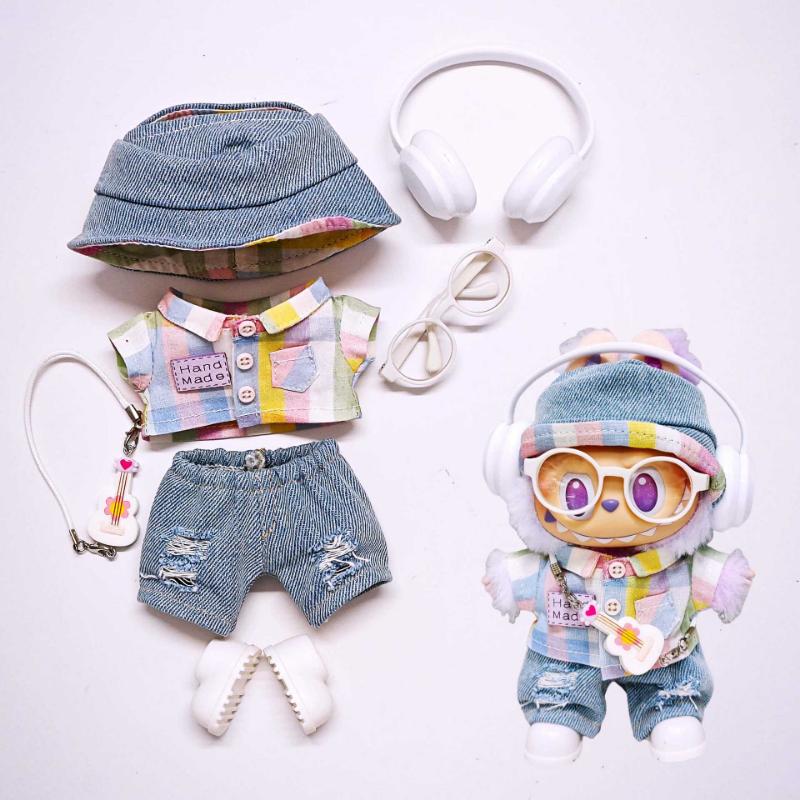 

[Только одежда для куклы] Модная и милая одежда для куклы Labubu, комплект радужной клетчатой рубашки Baby clothes only, excluding dolls