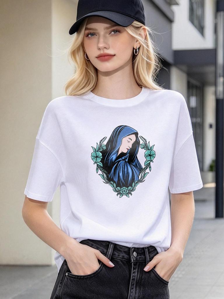 Vintage Madonna Print Casual Soft Tshirt for Daily Wear