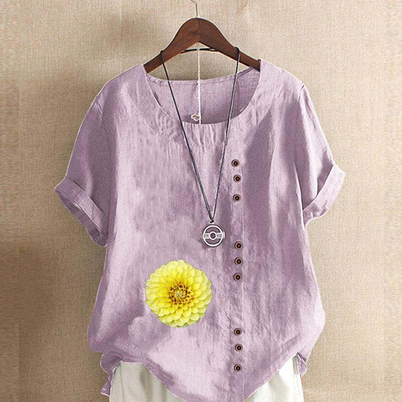 Women's Fashion Round Neck Short Sleeve T-shirt Casual Cotton Linen Graphic Shirt Leisure Loose Flower Prined Summer Blouse Tops