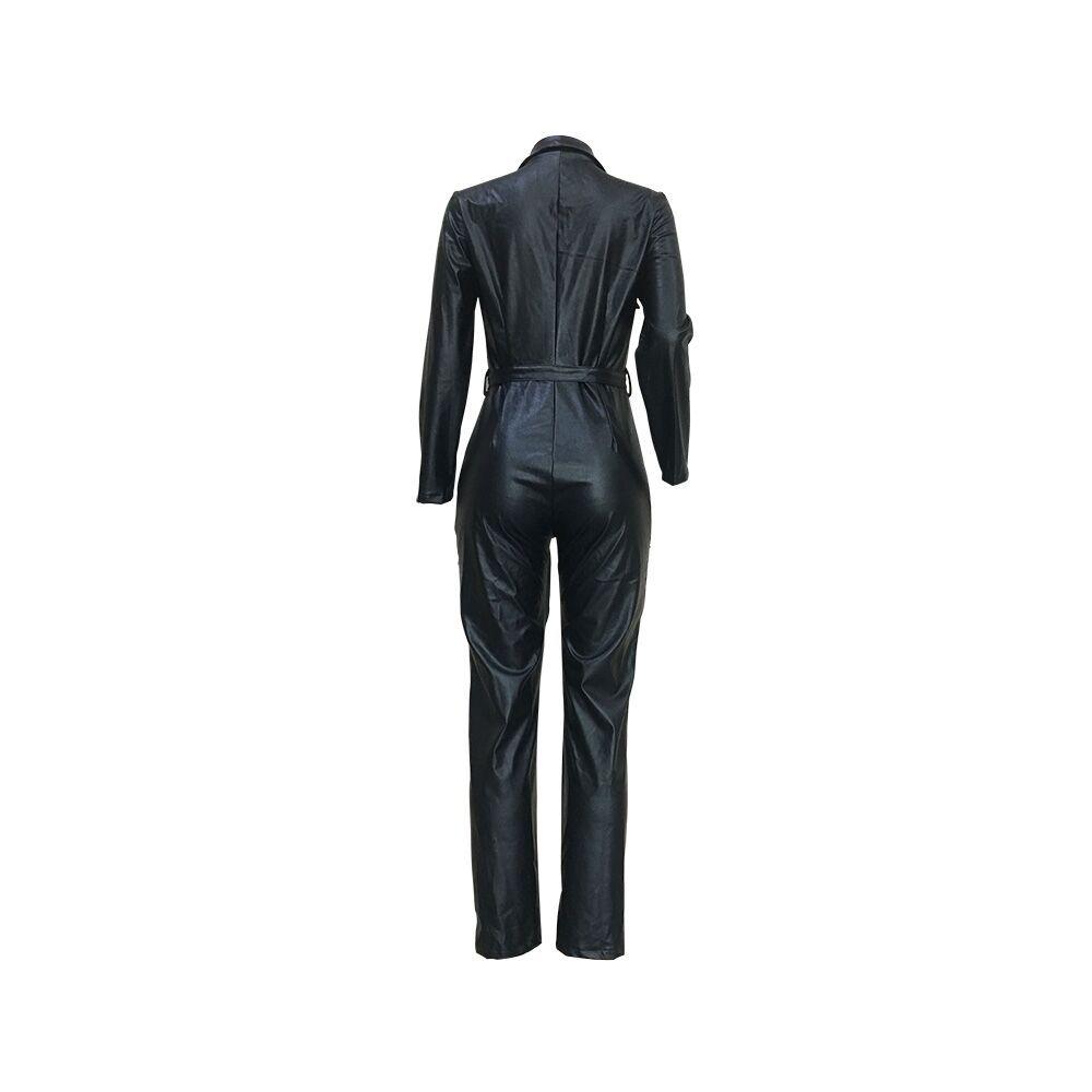 Mono de Mujer Y5072 de Cuero PU con Solapa y Bolsillos - Nuevo Estilo Europeo y Americano de Moda