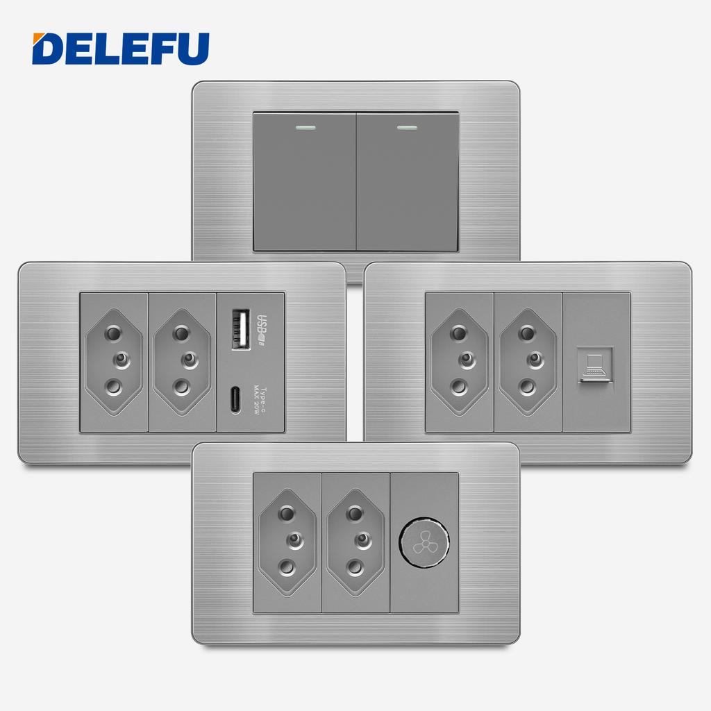 DELEFU Brazilian Model 118 Type 10A/20A Stainless Steel Grey Durable PC USB Socket with Type-C 20W Fast Charging