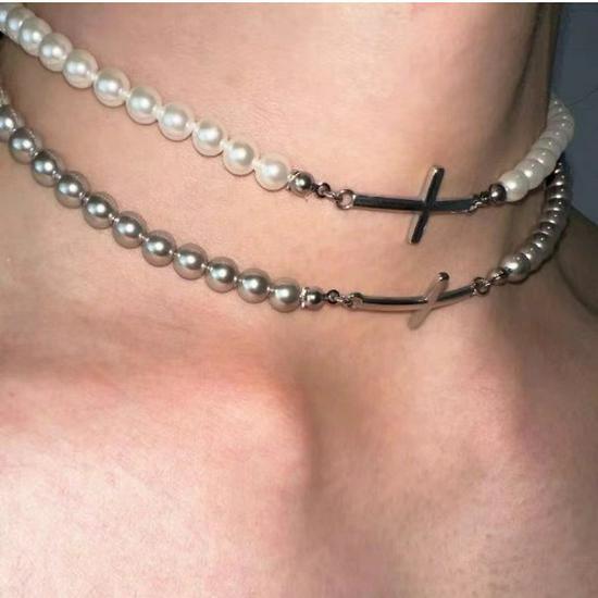 Pearl Titanium Steel Cross Choker Necklace - Unisex Heavy Industry Niche Design