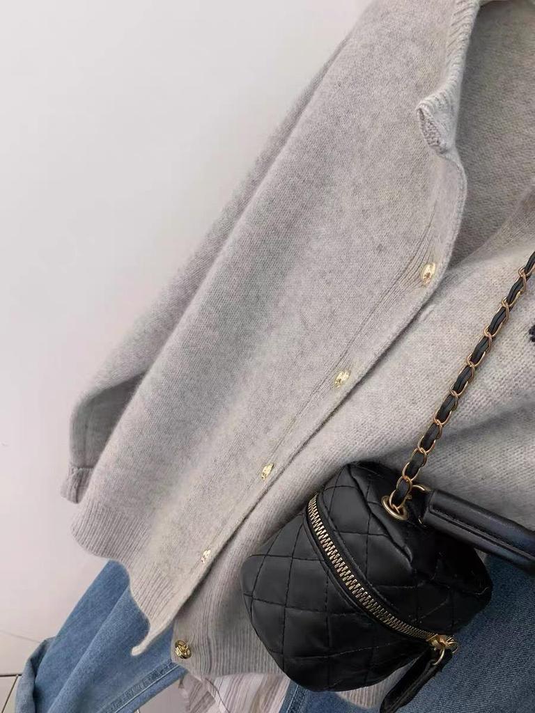 Women's Loose Fit Grey Merino Wool Cardigan with Cat Embroidery