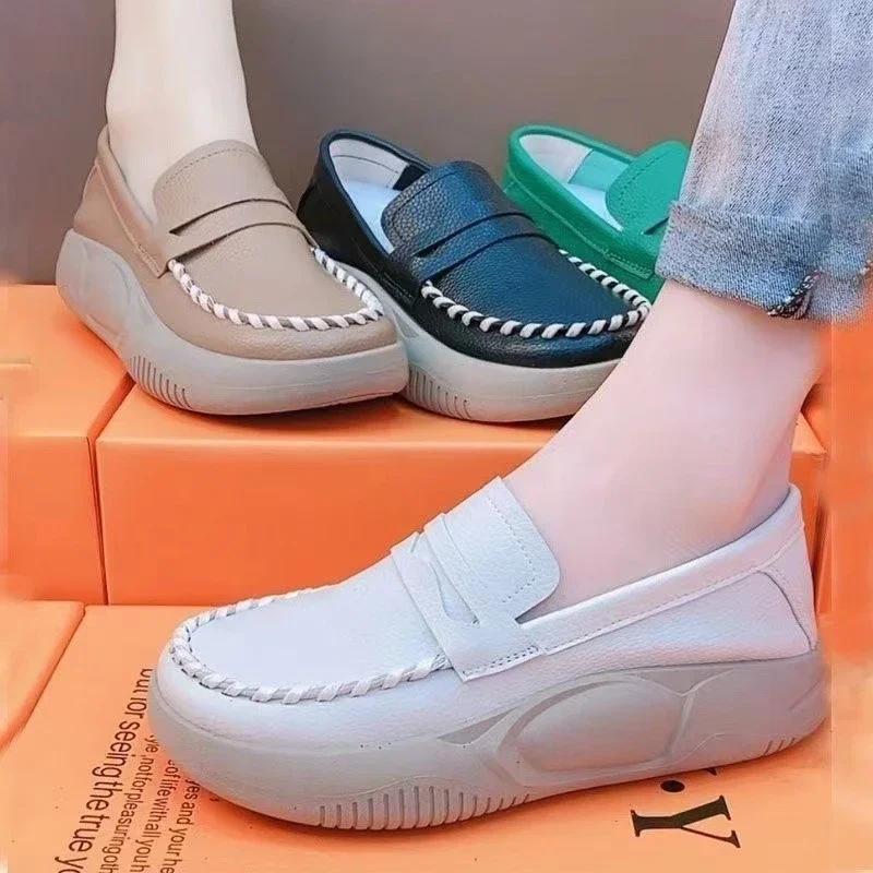 Thick-soled Casual Slip-on Loafers Women Anti-slip 2024 Spring Autumn New Comfortable Soft-soled Color-blocking Women's Shoes