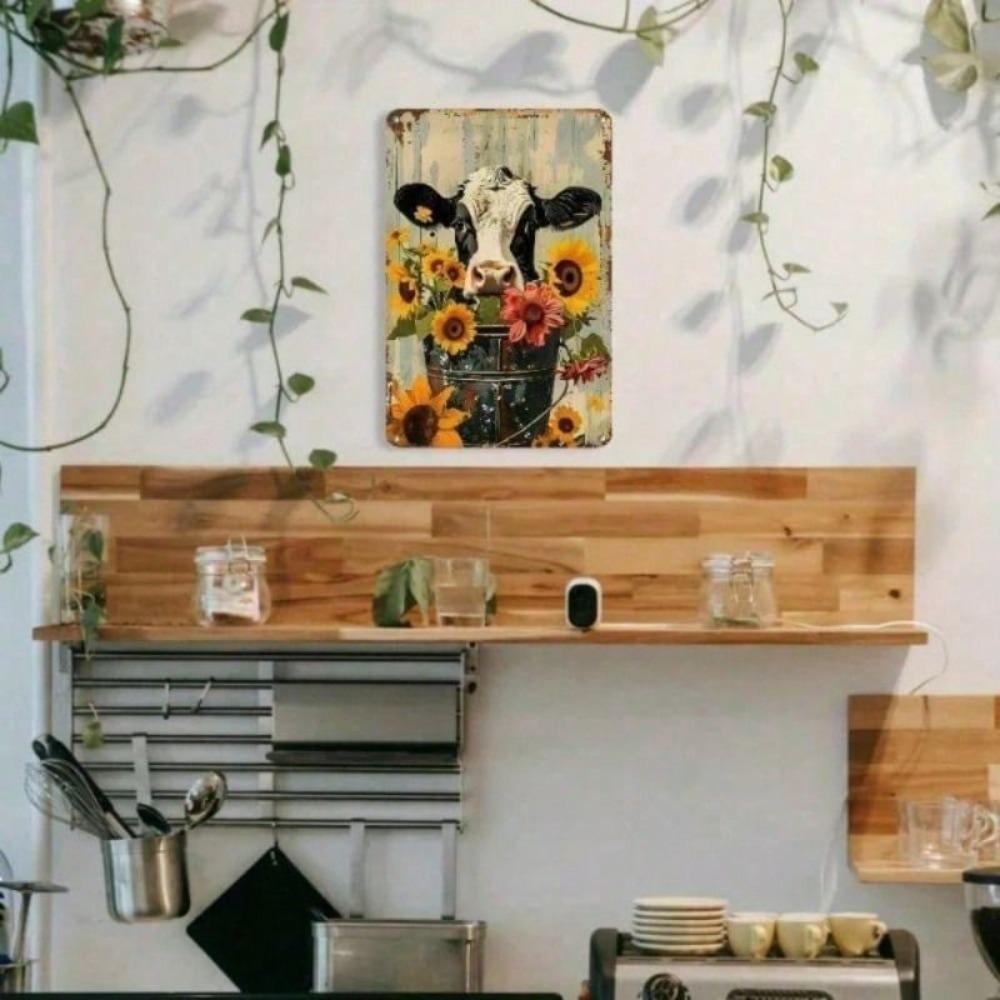 Retro Sunflower Cow Metal Wall Decor, Home Art Poster