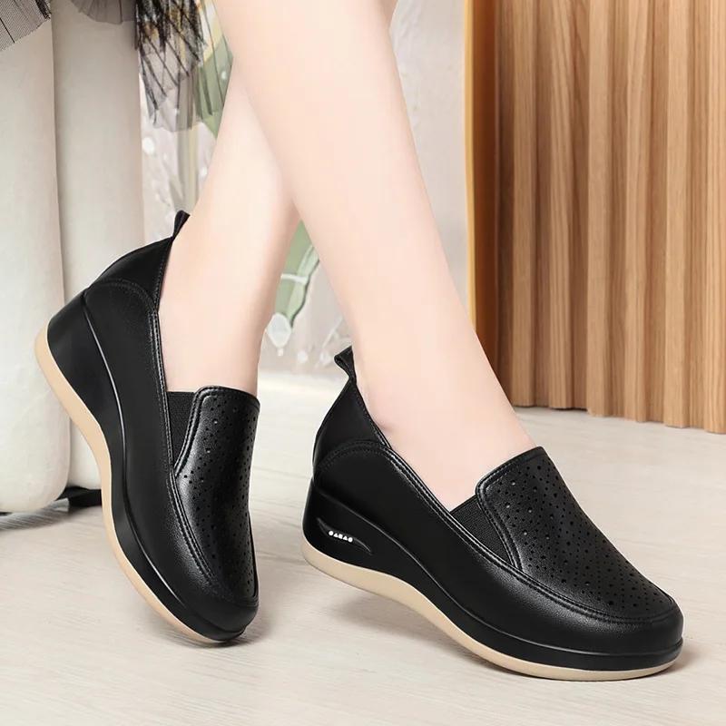 4.5cm Breathable Comfortable Shallow Cutout Soft Leather Shoes Women Loafers 2025 Summer Platform Wedges Shoes for Office Mom