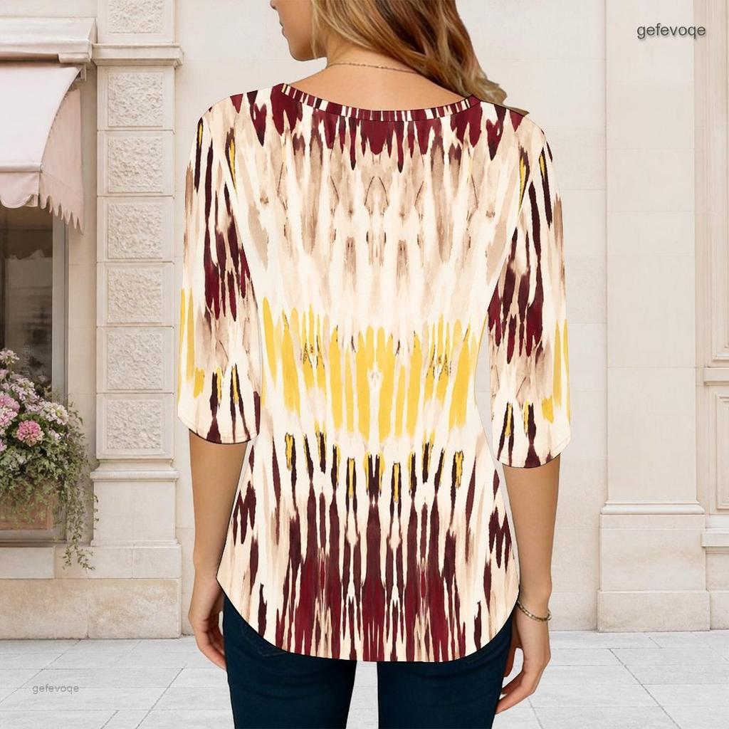 Women Plus Size Round Neck Three Quarter Sleeve Tie Dye Printed Curved Hem T Shirt