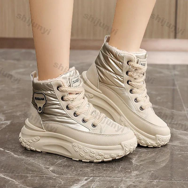 Fashion Women Causal Sneakers Female Winter Fashion New Warm Thick Sole Increase Cotton Shoes Lace Up Thick Soled Non-slip Sports Shoes