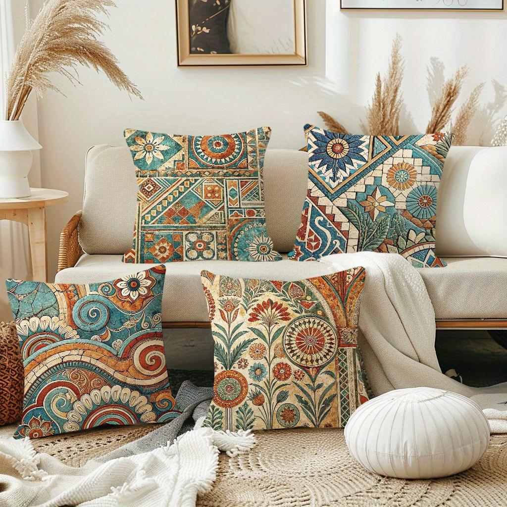 4pcs Linen Pillow Covers 45x45cm Ethnic Vintage Boho Cushion Cases Moroccan Tile Floral Pattern for Sofa Bed Decor Zipper