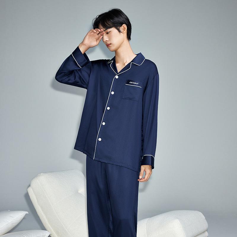 Men's Lyocell Tencel Solid Color Pajamas - Spring/Fall Long Sleeve Set