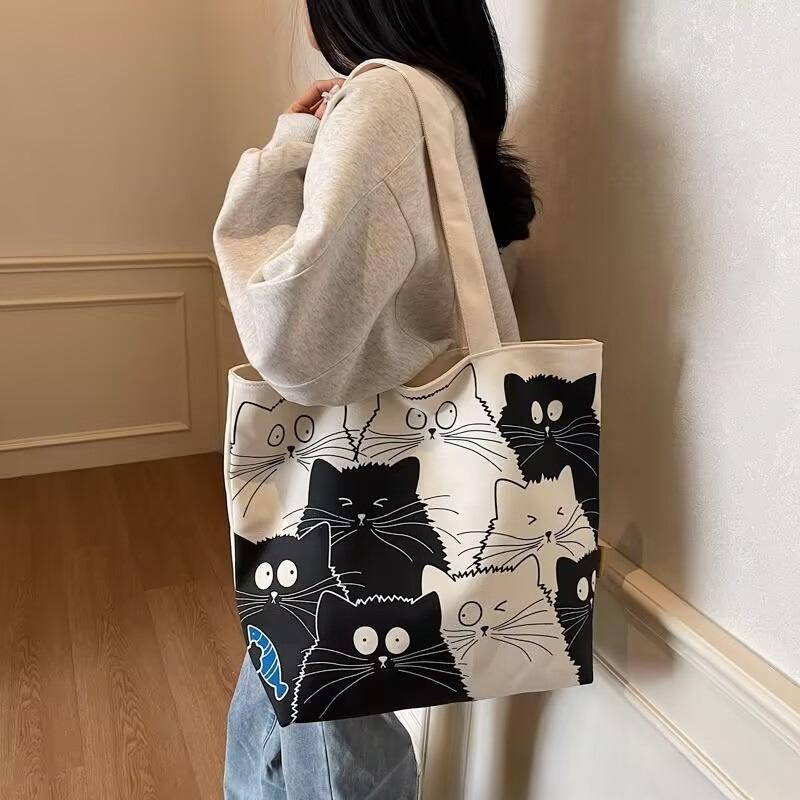 Handbag Shopping Bag Cute Cat Print Women's Handbag Linen Tote Bag Printed Logo Casual Travel Beach Bag