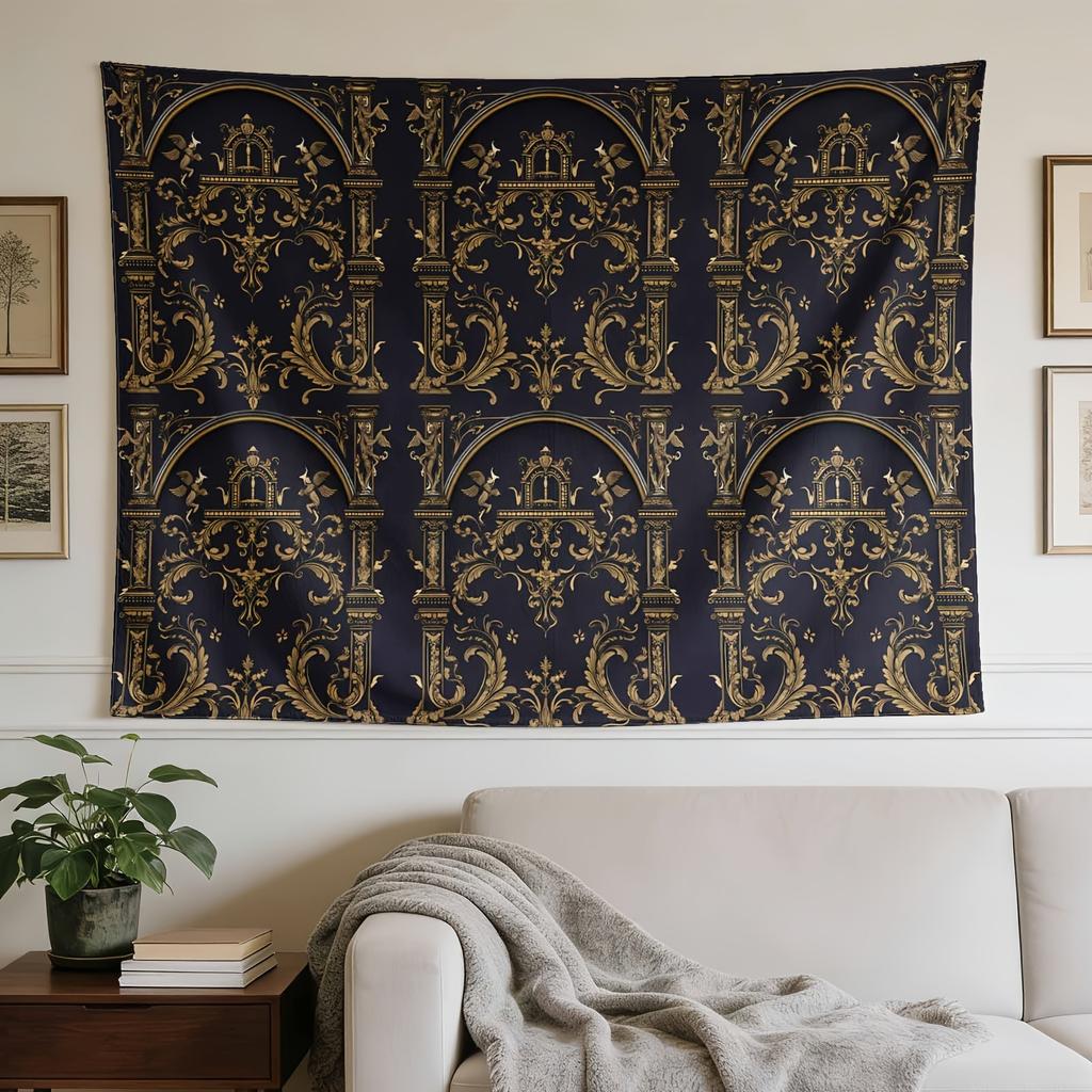 A Stylish Tapestry, Golden Ornamental Pattern On Black.,perfect for Sprucing up Wall Decor in Homes, Dorms and Bedrooms.