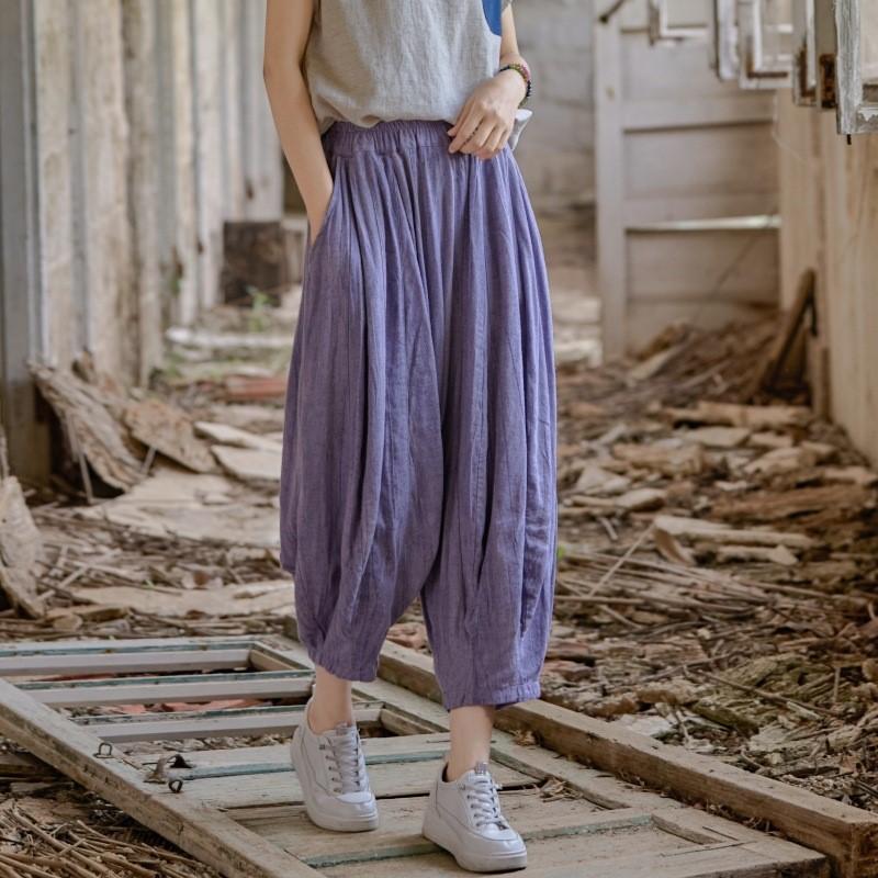 Johnature Women Vintage Wide Leg Pants Elastic Waist Solid Color Trousers Summer Loose Casual Female Pants